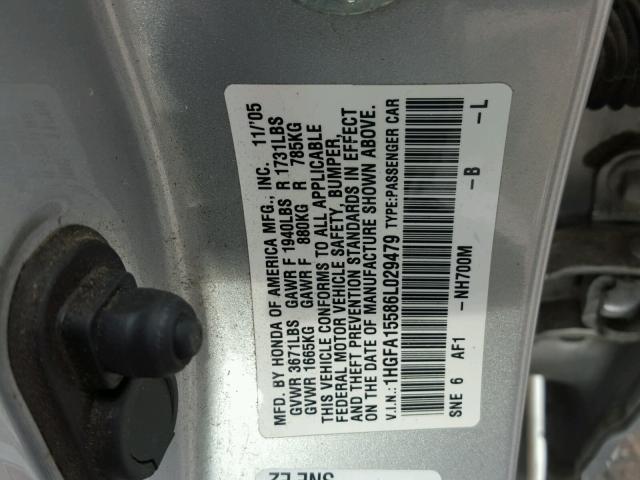 1HGFA15586L029479 - 2006 HONDA CIVIC LX SILVER photo 10