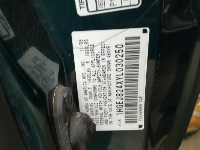 1HGEJ824XYL030250 - 2000 HONDA CIVIC EX 绿色 照片 10