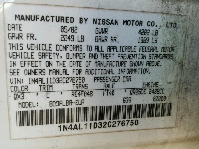 1N4AL11D32C276750 - 2002 NISSAN ALTIMA BAS WHITE photo 10