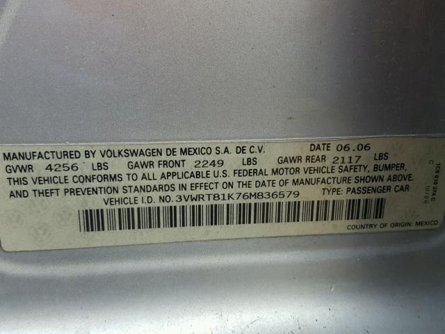 3VWRT81K76M836579 - 2006 VOLKSWAGEN JETTA TDI SILVER photo 10