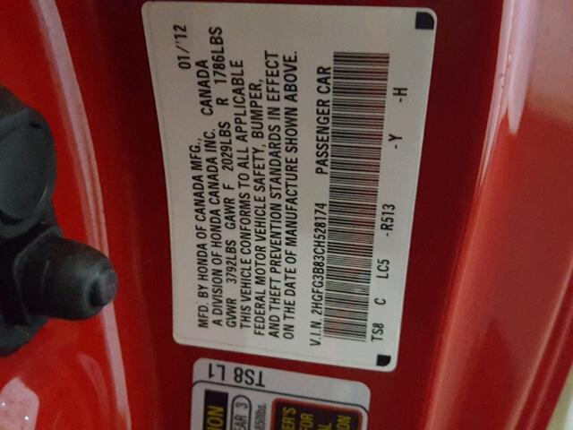 2HGFG3B83CH528174 - 2012 HONDA CIVIC EX წითელი ფოტო 10