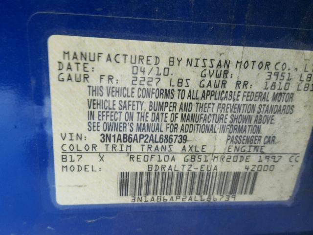 3N1AB6AP2AL686739 - 2010 NISSAN SENTRA 2.0 BLUE photo 10