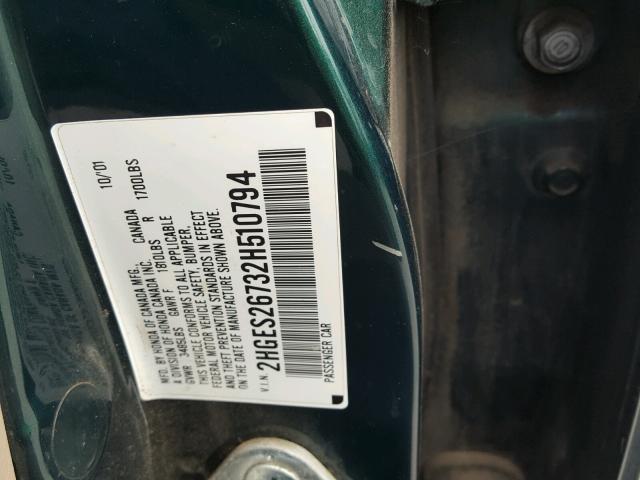 2HGES26732H510794 - 2002 HONDA CIVIC EX GREEN photo 10