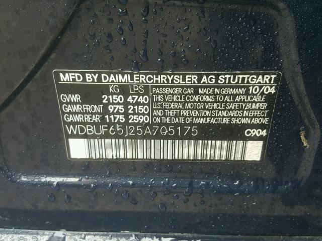 WDBUF65J25A705175 - 2005 MERCEDES-BENZ E 320 BLUE photo 10