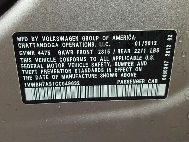 1VWBH7A31CC049632 - 2012 VOLKSWAGEN PASSAT SE SILVER photo 10