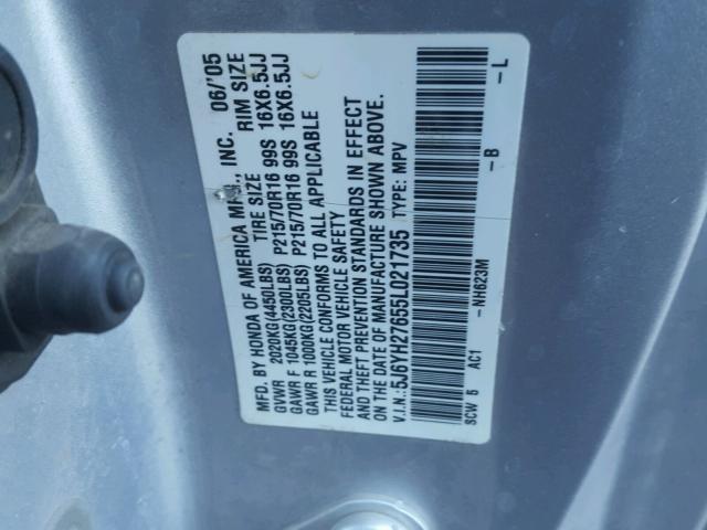 5J6YH27655L021735 - 2005 HONDA ELEMENT EX SILVER photo 10