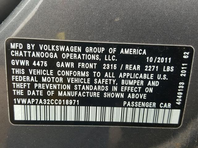 1VWAP7A32CC018971 - 2012 VOLKSWAGEN PASSAT S GRAY photo 10