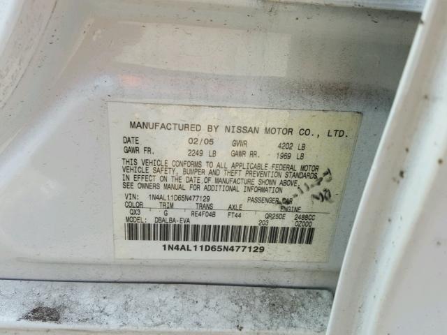 1N4AL11D65N477129 - 2005 NISSAN ALTIMA S WHITE photo 10