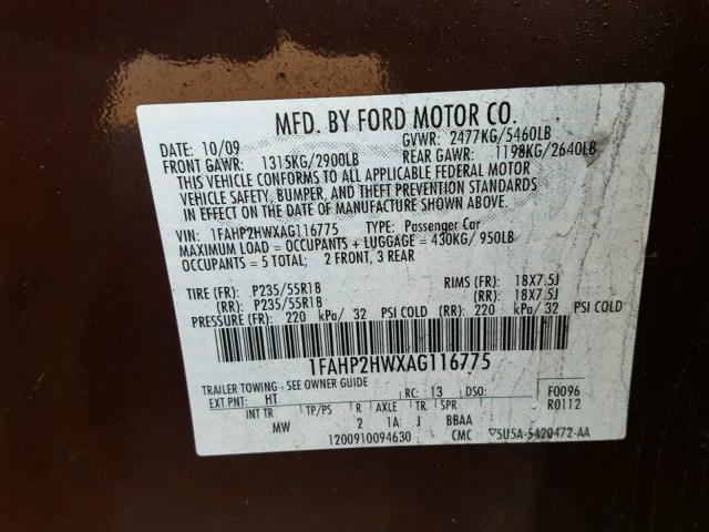 1FAHP2HWXAG116775 - 2010 FORD TAURUS SEL MAROON photo 10