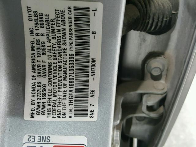 1HGFA16807L053396 - 2007 HONDA CIVIC EX SILVER photo 10