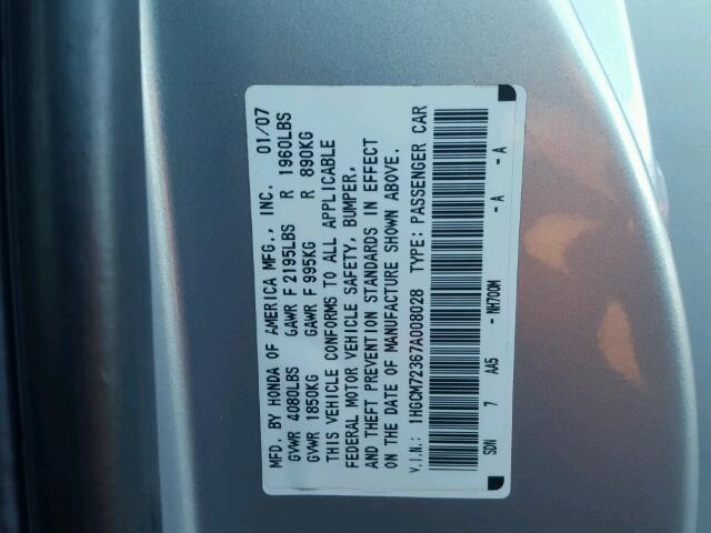 1HGCM72367A008028 - 2007 HONDA ACCORD LX SILVER photo 10