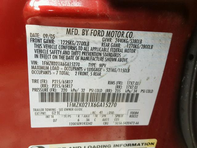 1FMZK021X6GA15270 - 2006 FORD FREESTYLE RED photo 10