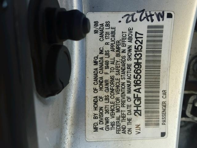 2HGFA16569H315217 - 2009 HONDA CIVIC LX SILVER photo 10