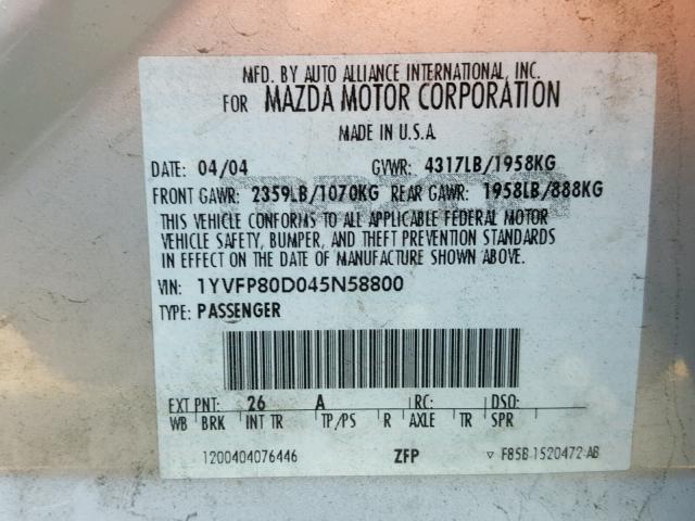 1YVFP80D045N58800 - 2004 MAZDA 6 S SILVER photo 10