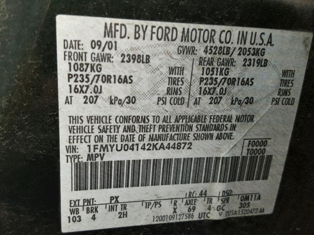 1FMYU04142KA44872 - 2002 FORD ESCAPE XLT GREEN photo 10