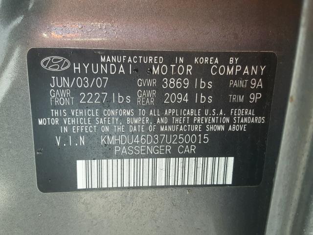 KMHDU46D37U250015 - 2007 HYUNDAI ELANTRA GL GRAY photo 10