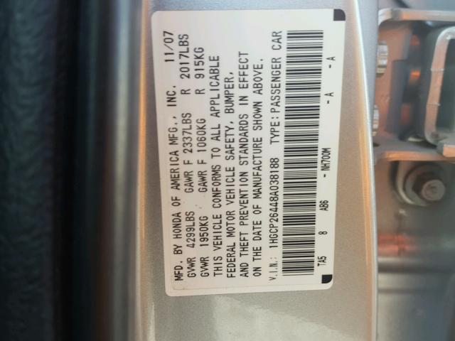 1HGCP26448A038188 - 2008 HONDA ACCORD LXP SILVER photo 10