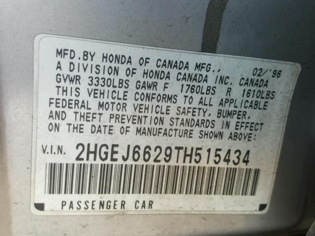 2HGEJ6629TH515434 - 1996 HONDA CIVIC DX SILVER photo 10