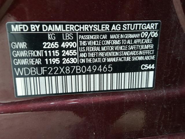 WDBUF22X87B049465 - 2007 MERCEDES-BENZ E 320 CDI BURGUNDY photo 10