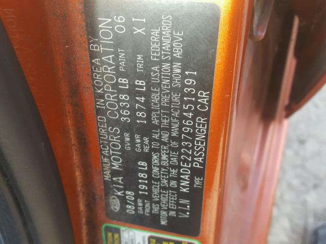 KNADE223796451391 - 2009 KIA RIO BASE ORANGE photo 10