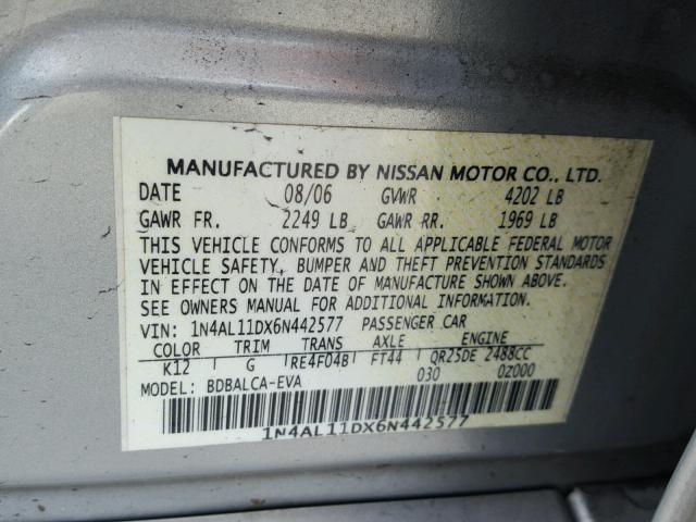 1N4AL11DX6N442577 - 2006 NISSAN ALTIMA S SILVER photo 10