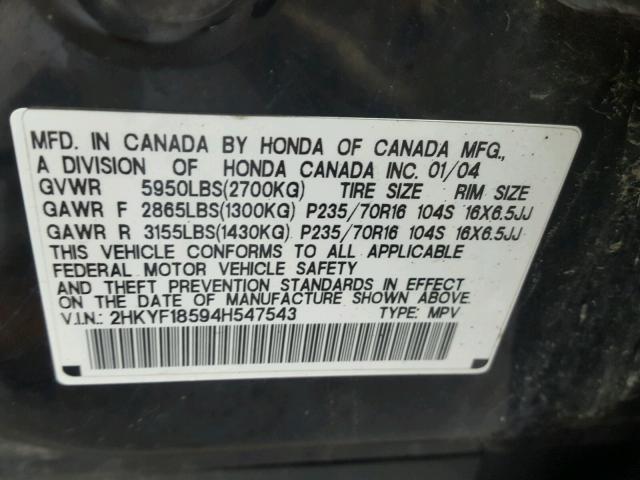 2HKYF18594H547543 - 2004 HONDA PILOT EXL BLACK photo 10