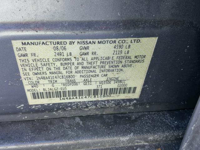 1N4BA41E47C816800 - 2007 NISSAN MAXIMA SE GRAY photo 10