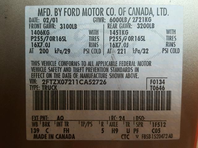 2FTZX07211CA52726 - 2001 FORD F150 TAN photo 10