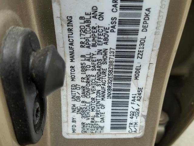 1NXBR32E58Z987137 - 2008 TOYOTA COROLLA CE GOLD photo 10