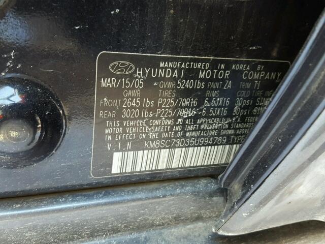 KM8SC73D35U994789 - 2005 HYUNDAI SANTA FE G BLUE photo 10