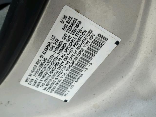 5FNRL38816B128803 - 2006 HONDA ODYSSEY TO SILVER photo 10