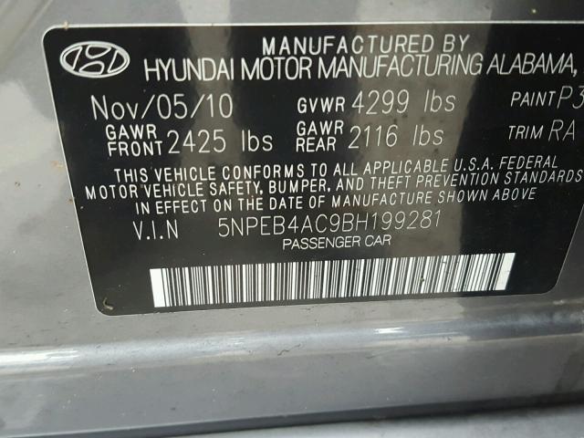 5NPEB4AC9BH199281 - 2011 HYUNDAI SONATA GLS GRAY photo 10