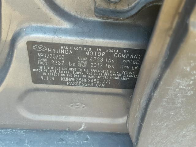 KMHWF35H63A891771 - 2003 HYUNDAI SONATA GLS GRAY photo 10