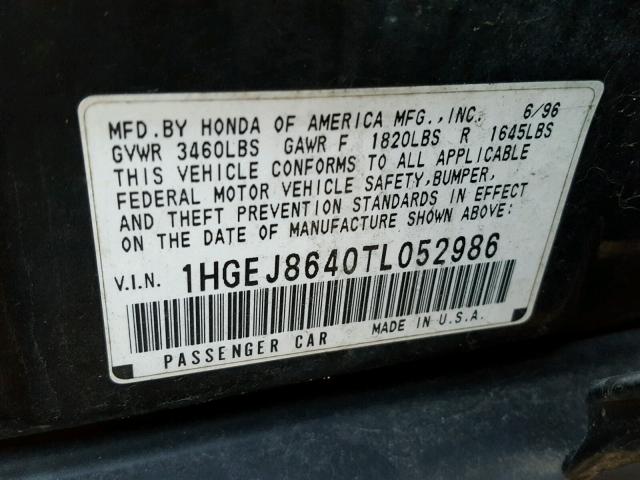 1HGEJ8640TL052986 - 1996 HONDA CIVIC EX შავი ფოტო 10
