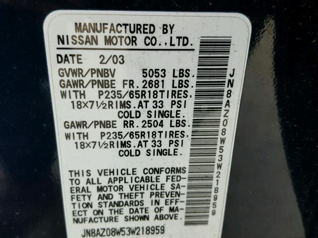 JN8AZ08W53W218959 - 2003 NISSAN MURANO SL BLUE photo 10