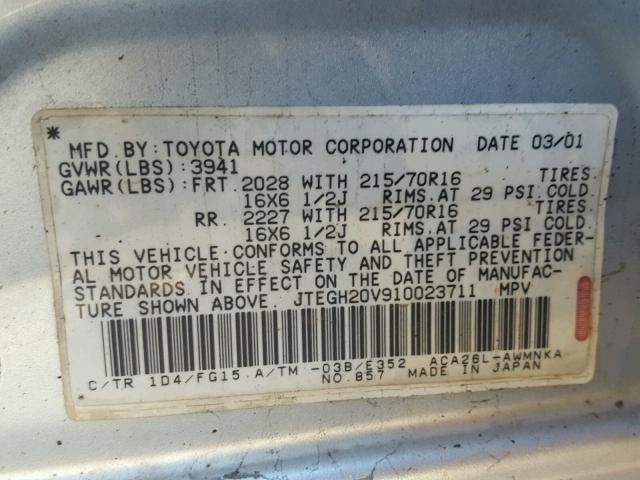 JTEGH20V910023711 - 2001 TOYOTA RAV4 GRAY photo 10