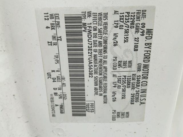 1FMDU73E2YUA56382 - 2000 FORD EXPLORER X WHITE photo 10