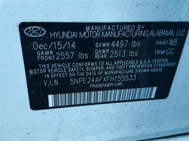 5NPE24AFXFH155533 - 2015 HYUNDAI SONATA SE WHITE photo 10