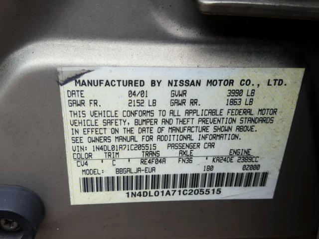 1N4DL01A71C205515 - 2001 NISSAN ALTIMA GXE TAN photo 10