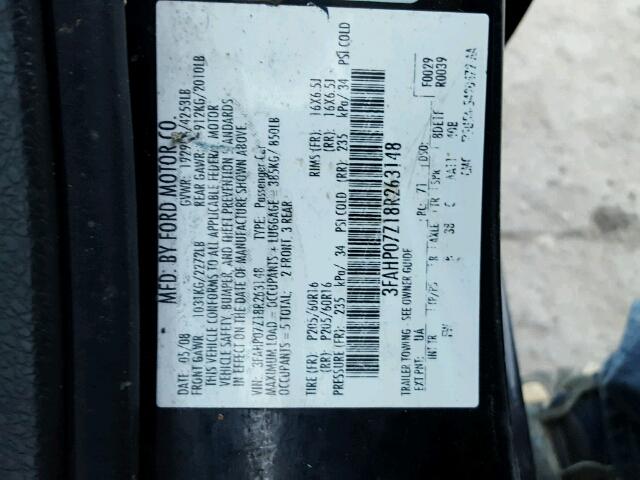 3FAHP07Z18R263148 - 2008 FORD FUSION SE BLACK photo 10