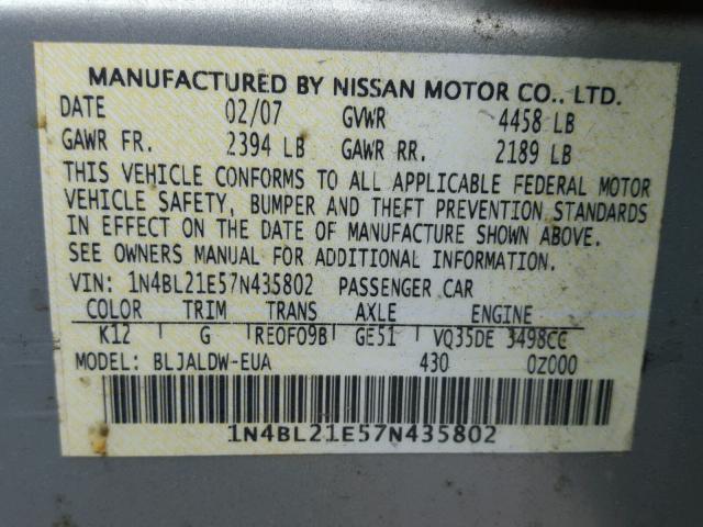 1N4BL21E57N435802 - 2007 NISSAN ALTIMA 3.5 SILVER photo 10