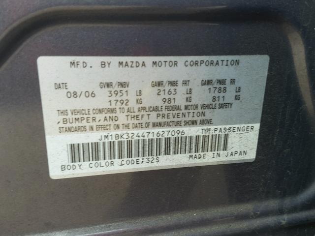 JM1BK324471627096 - 2007 MAZDA 3 S GRAY photo 10