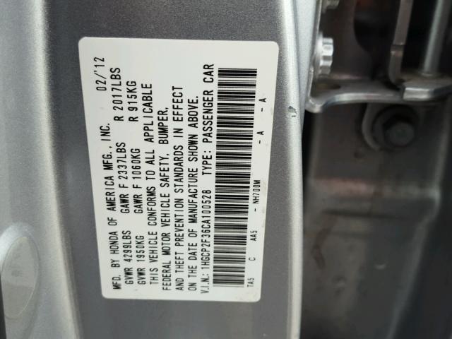 1HGCP2F36CA100528 - 2012 HONDA ACCORD LX SILVER photo 10