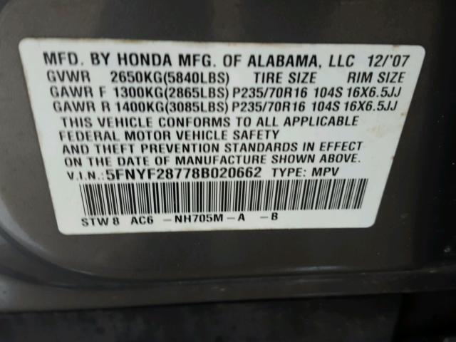 5FNYF28778B020662 - 2008 HONDA PILOT EXL GRAY photo 10