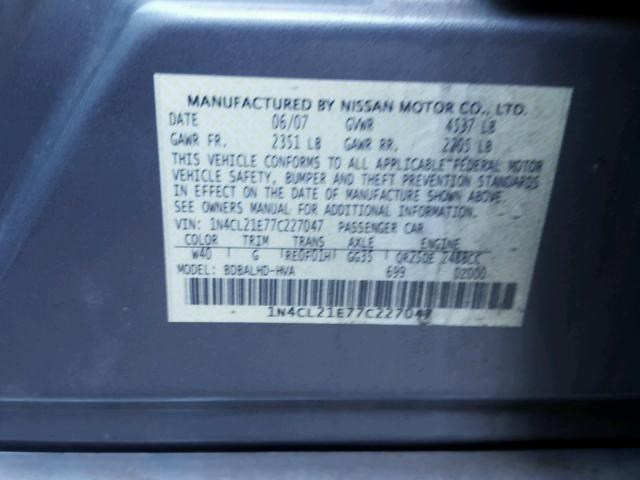 1N4CL21E77C227047 - 2007 NISSAN ALTIMA HYB GRAY photo 10