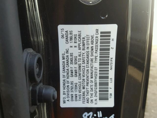 2HGFG3B87FH523127 - 2015 HONDA CIVIC EX შავი ფოტო 10