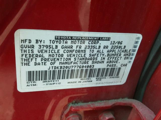 JTDKB20U777604003 - 2007 TOYOTA PRIUS RED photo 10