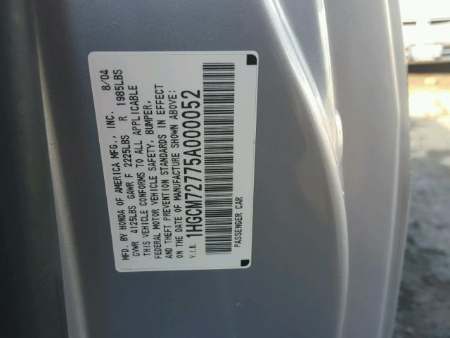 1HGCM72775A000052 - 2005 HONDA ACCORD EX SILVER photo 10