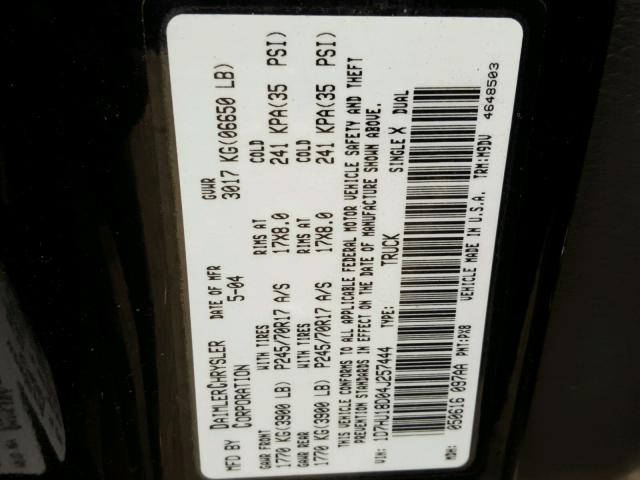 1D7HU18D04J257444 - 2004 DODGE RAM 1500 S BLACK photo 10