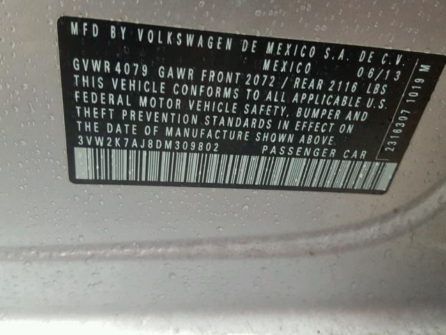 3VW2K7AJ8DM309802 - 2013 VOLKSWAGEN JETTA BASE ვერცხლისფერი ფოტო 10